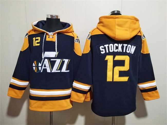 Men's Utah Jazz #12 John Stockton Navy Yellow Lace-Up Pullover Hoodie,We sell and wholesale Men's Utah Jazz #12 John Stockton Navy Yellow Lace-Up Pullover Hoodie on line form chian!